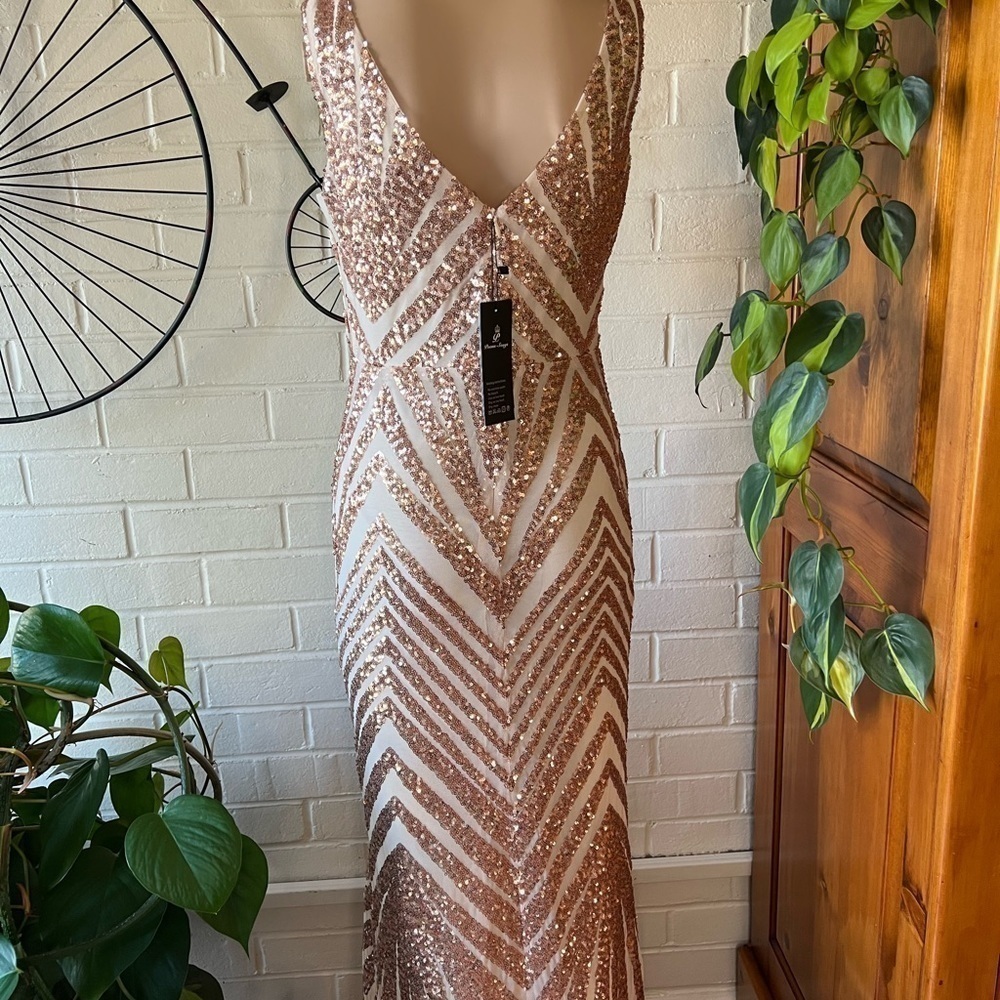 Evening gown prom formal mermaid trumpet gown with gold sequins size L - Picture 3 of 9